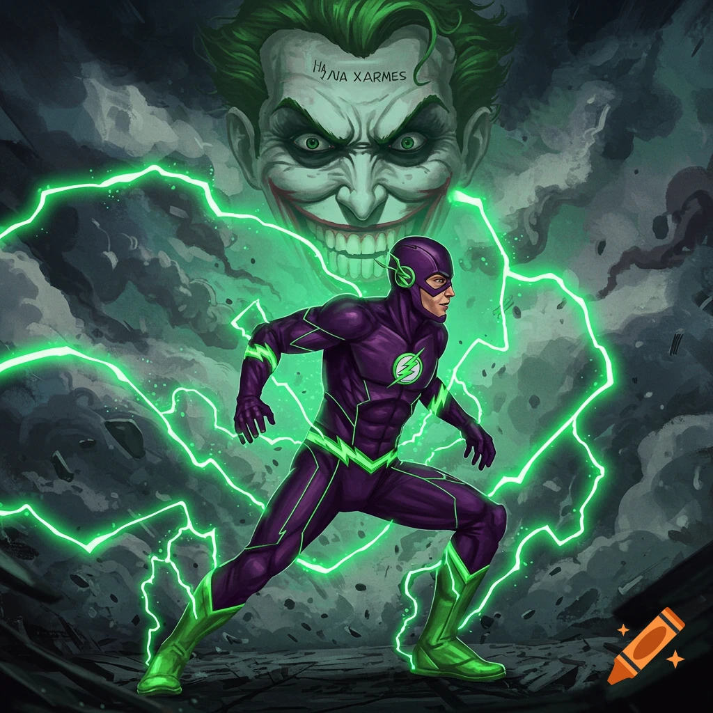 The Flash in a purple suit with green lightning running, with a giant, menacing Joker head looming in the background.