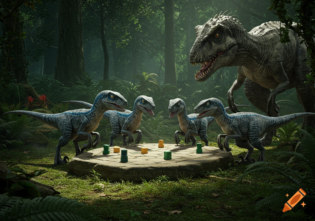 Four blue velociraptors and a large Indominus Rex playing a board game with colorful pieces on a stone slab in a lush jungle.