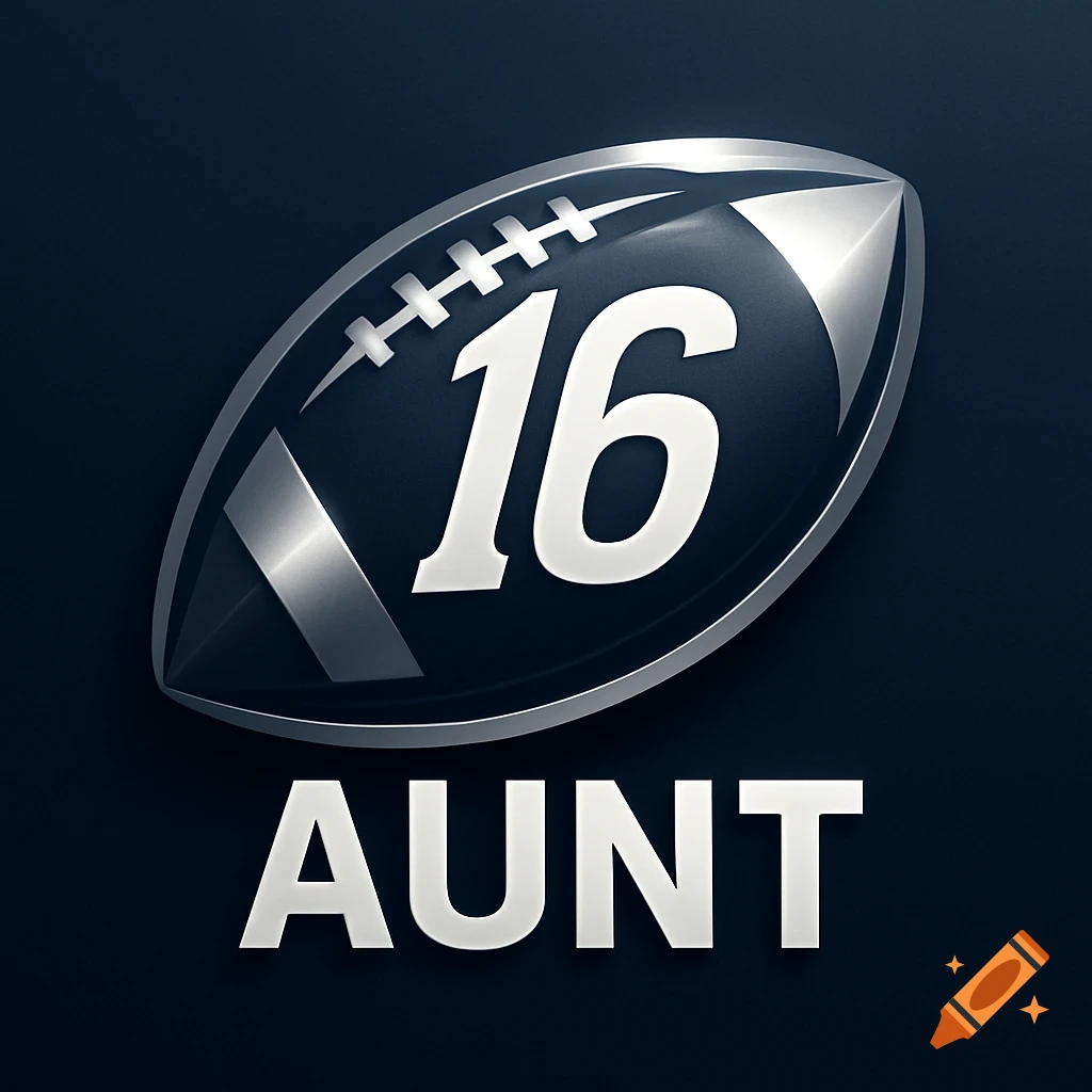 A metallic grey and black football emblem with the number 16 inside, and the word AUNT below it, on a dark blue background.