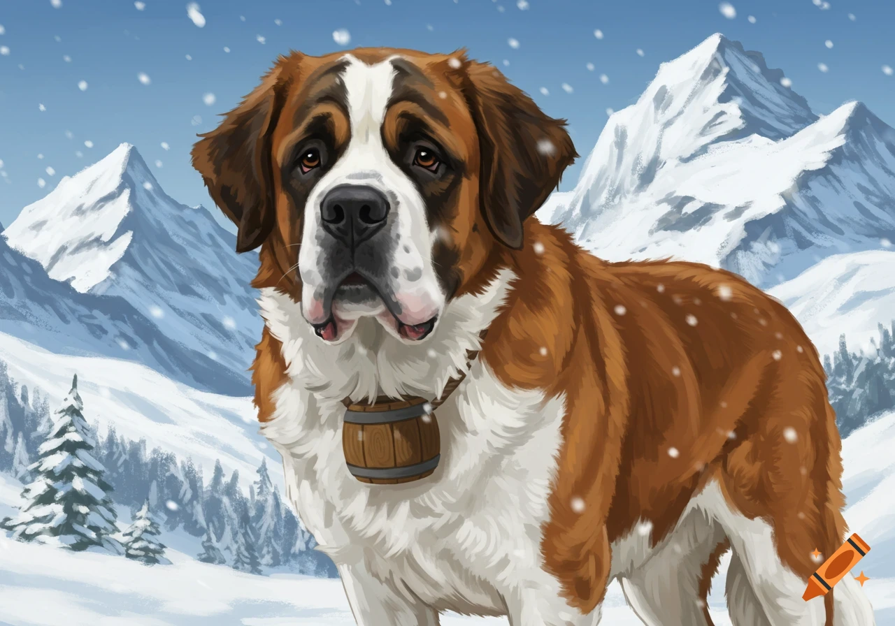 A St. Bernard dog with a barrel around its neck stands in a snowy mountain landscape with pine trees.