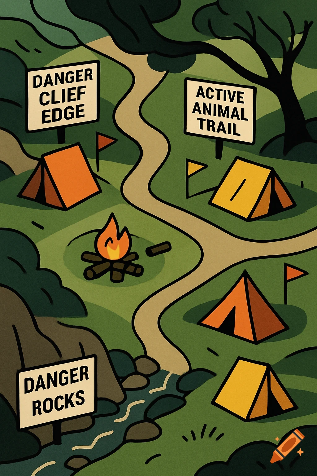 A modernist illustration of a campsite map showing tents, a campfire, and warning signs like 'Danger Cliff Edge' and 'Danger Rocks'.