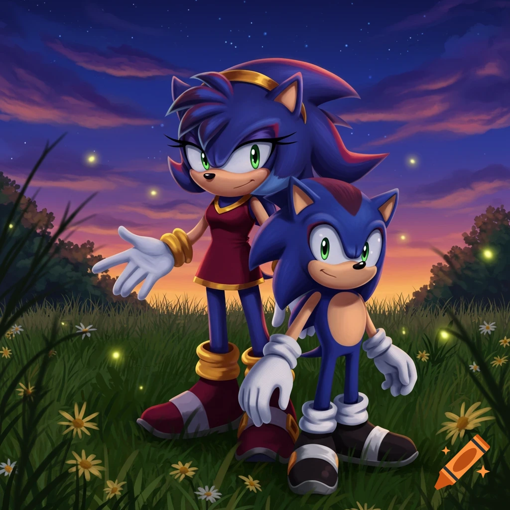 Cartoon of a large purple hedgehog and a small blue hedgehog standing in a vibrant green field with fireflies at dusk.
