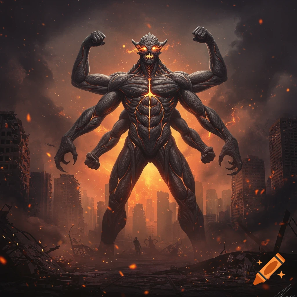 A gigantic, six-armed, muscular monster with glowing orange cracks stands in a destroyed city engulfed in fire and smoke.