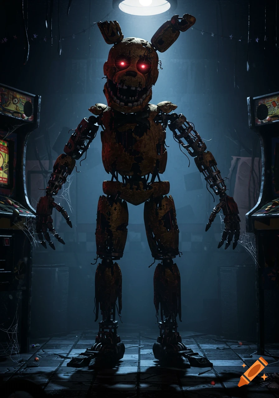 A scary, decaying animatronic with glowing red eyes stands in a dark, abandoned arcade with two arcade machines.