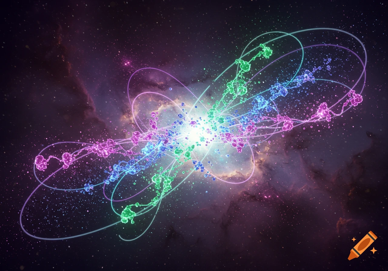 Glowing, colorful quantum particles and energy lines swirling in deep space with nebulae and stars.