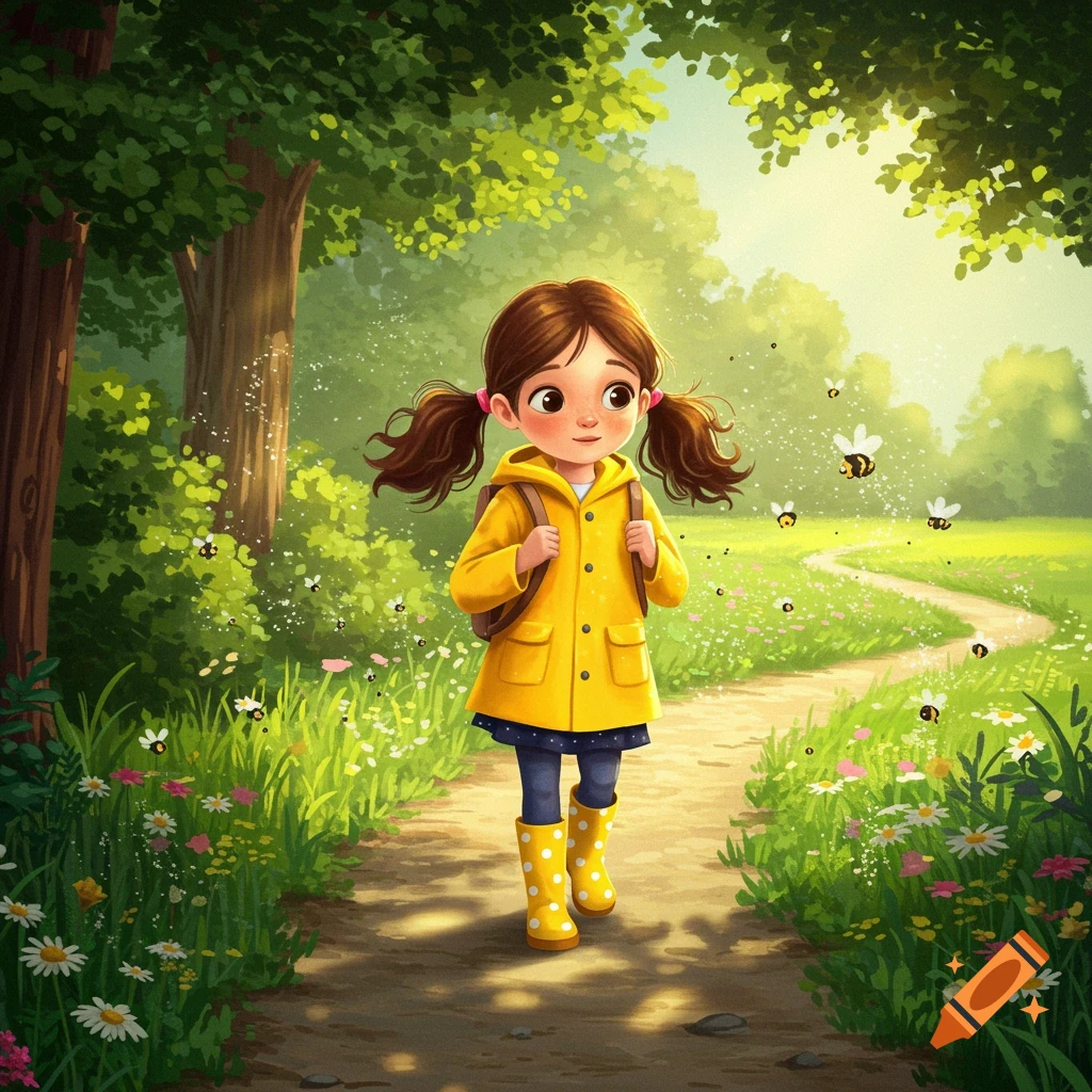 A whimsical illustration of a smiling little girl with pigtails in a yellow raincoat and boots, walking on a sunny path through a flower-filled park with buzzing bees.