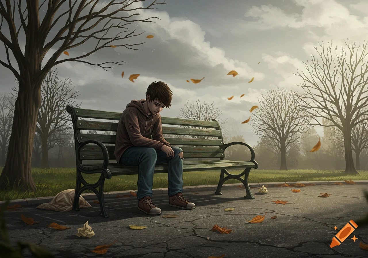 An illustration of a sad teen boy sitting alone on a park bench in an autumn park with bare trees under a cloudy sky.
