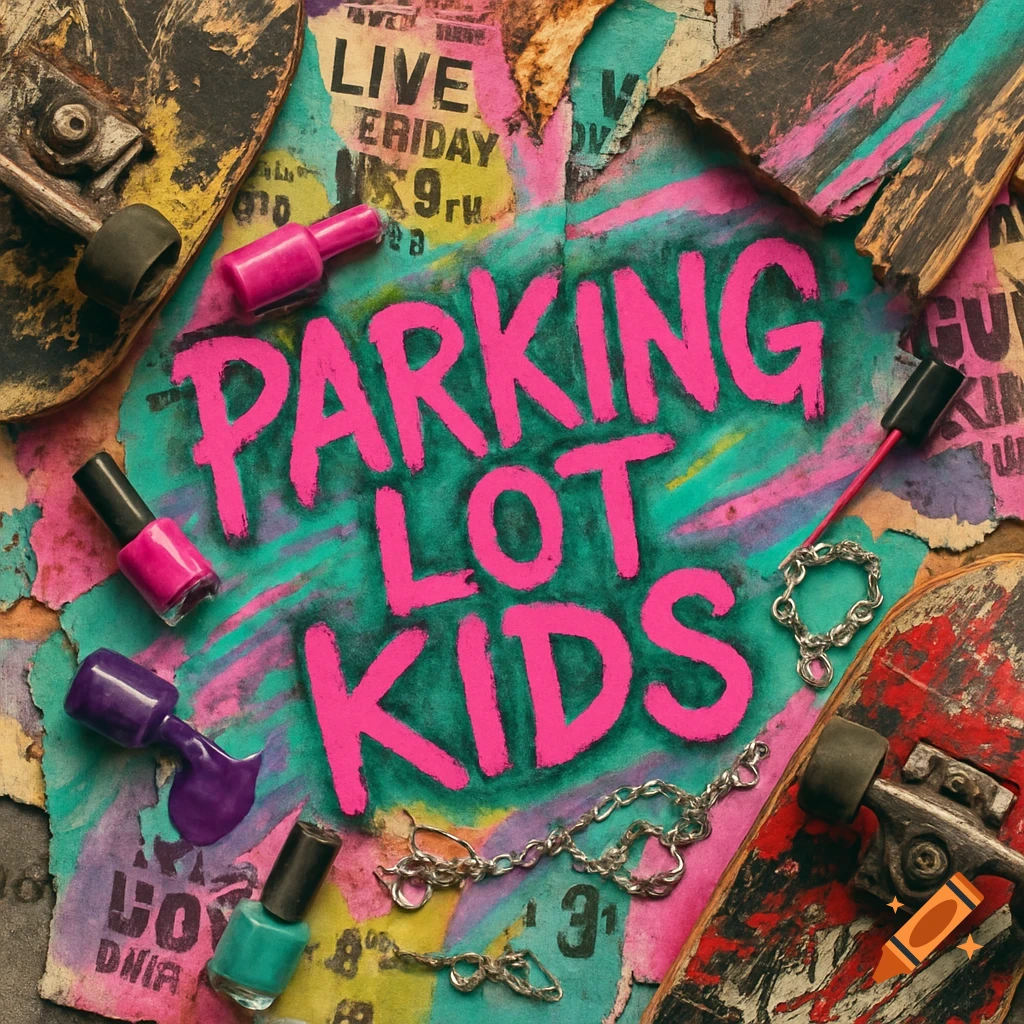 A grunge collage album cover with 'PARKING LOT KIDS' in pink spray paint, surrounded by torn flyers, broken skateboards, chains, and nail polish.