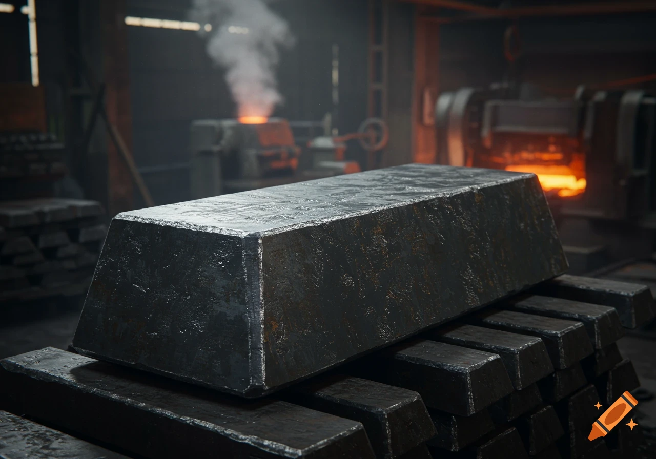 Photorealistic image of a large, dark iron ingot resting on a stack of smaller ingots in a smoky industrial factory.
