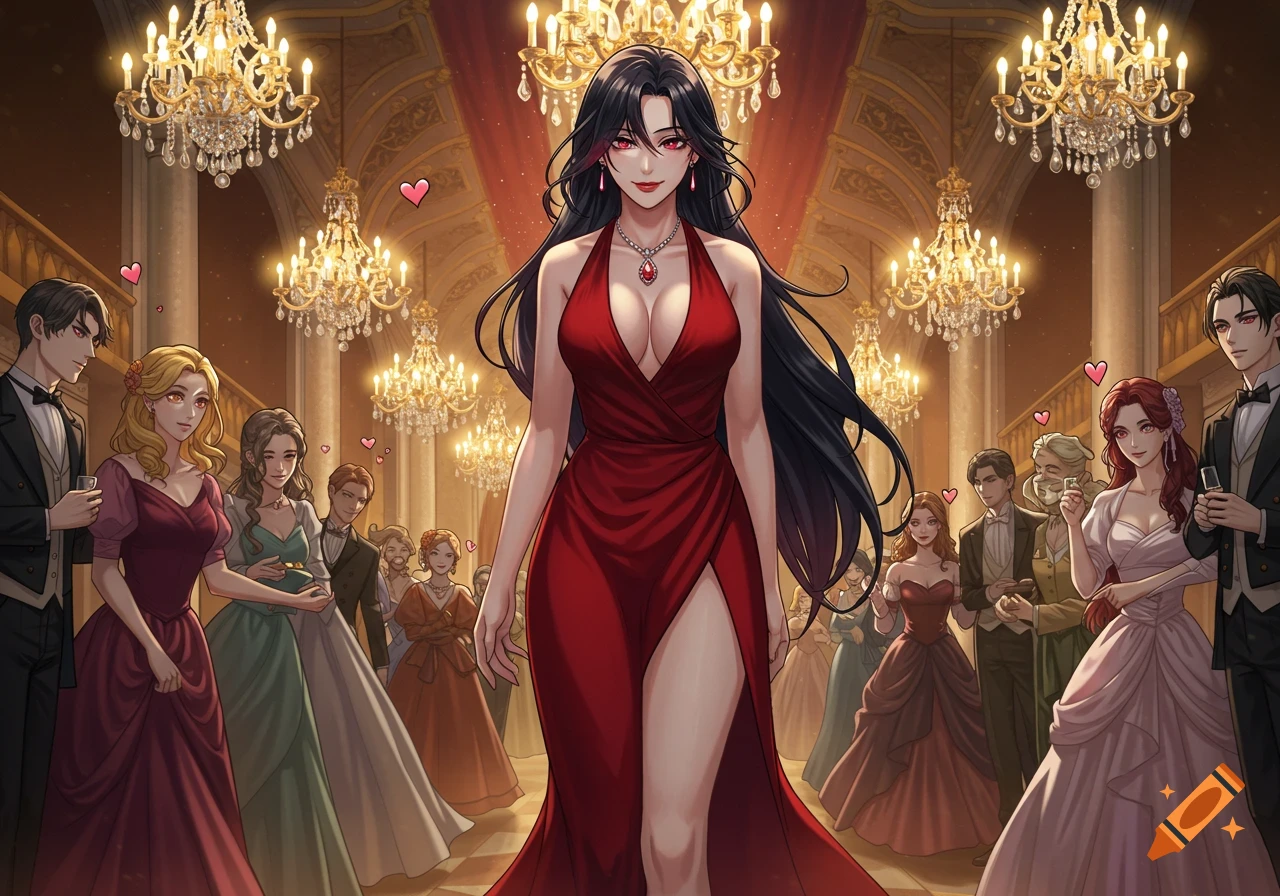 An anime woman with long black hair and a red dress walks confidently at a fancy ball, attracting the attention of other guests.