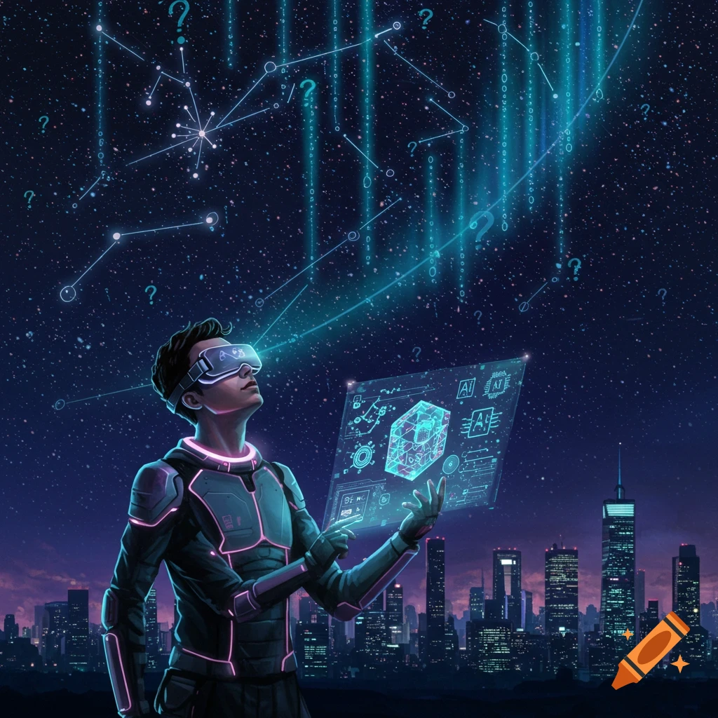 A person in futuristic gear with VR goggles interacts with a holographic interface displaying data and a glowing cube, against a starry sky with digital code and question marks, and a city skyline below.