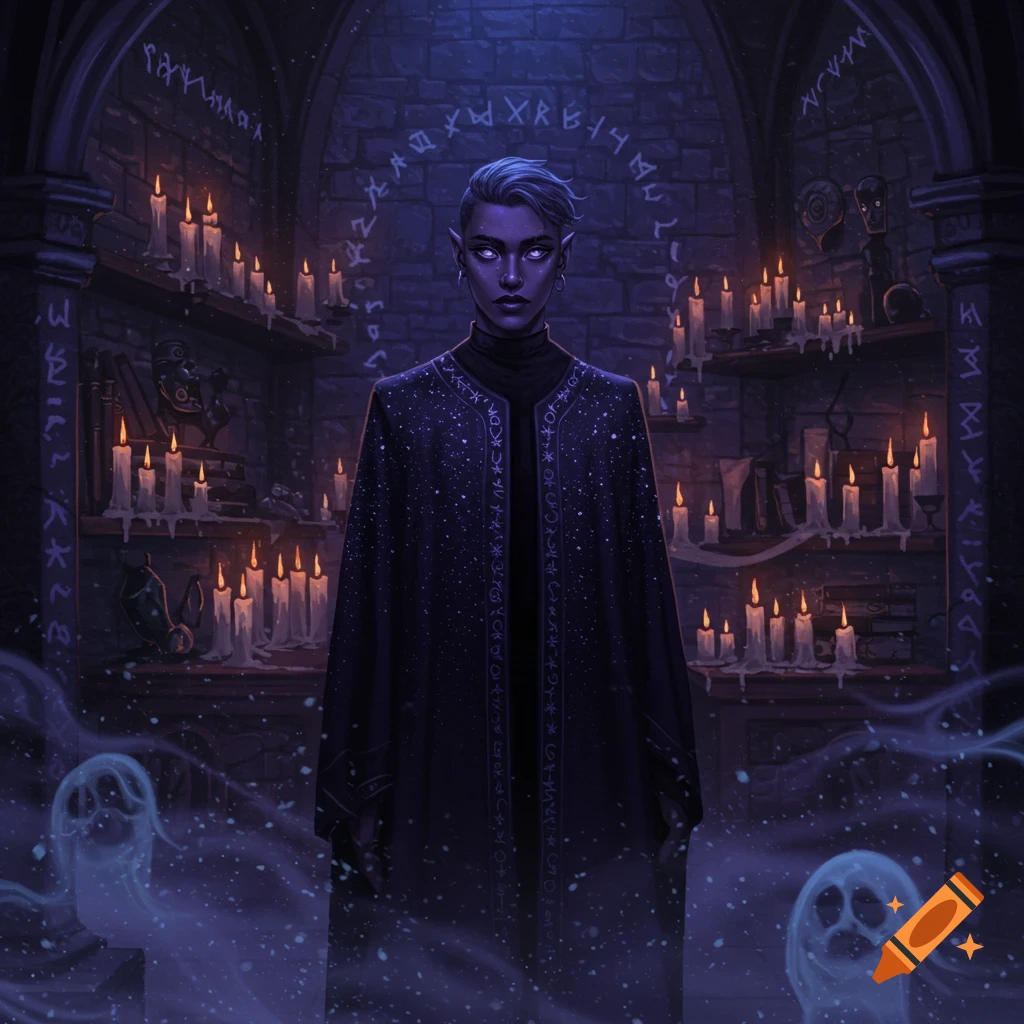 A nonbinary-presenting elf in a dark, starry robe stands in a candle-lit stone chamber with runes and two glowing ghosts.