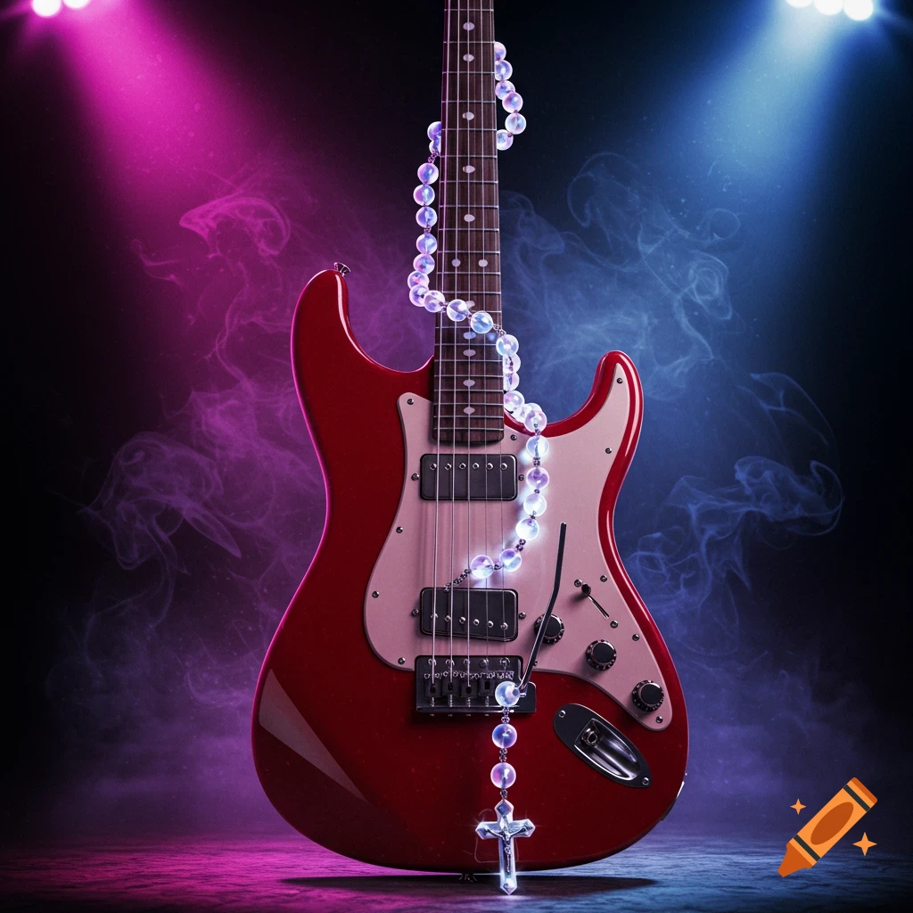A red electric guitar with a string of rosary beads wrapped around its neck, illuminated by pink and blue spotlights against a smoky dark background.