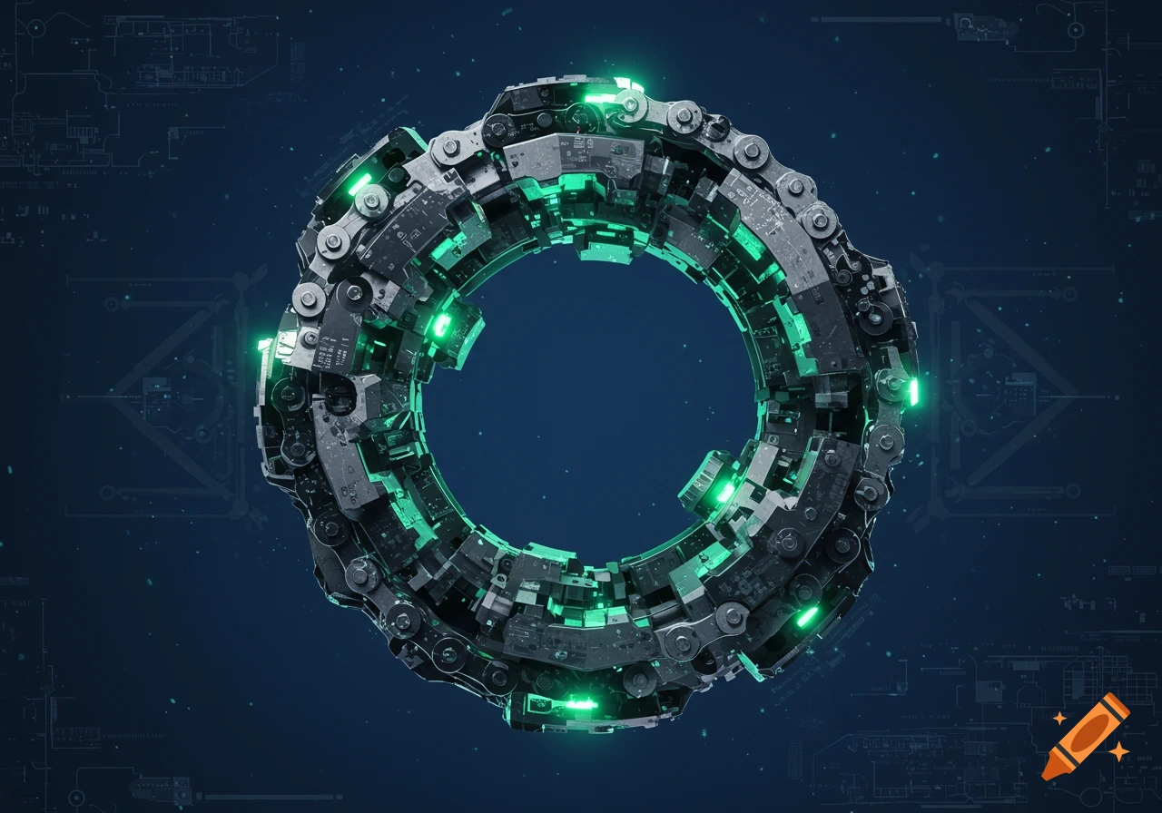 An intricate dark mechanical ring with glowing green lights, resembling a futuristic chain, against a dark blue background with faint blueprints.