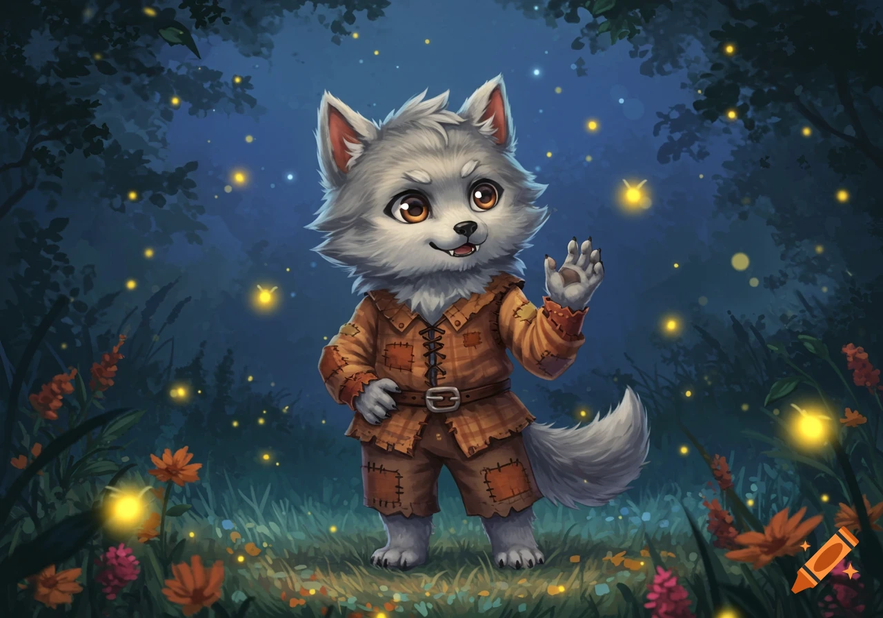 A cute grey werewolf pup in an orange patched outfit waves in a magical dark forest filled with glowing fireflies and colorful flowers. Cartoon illustration.