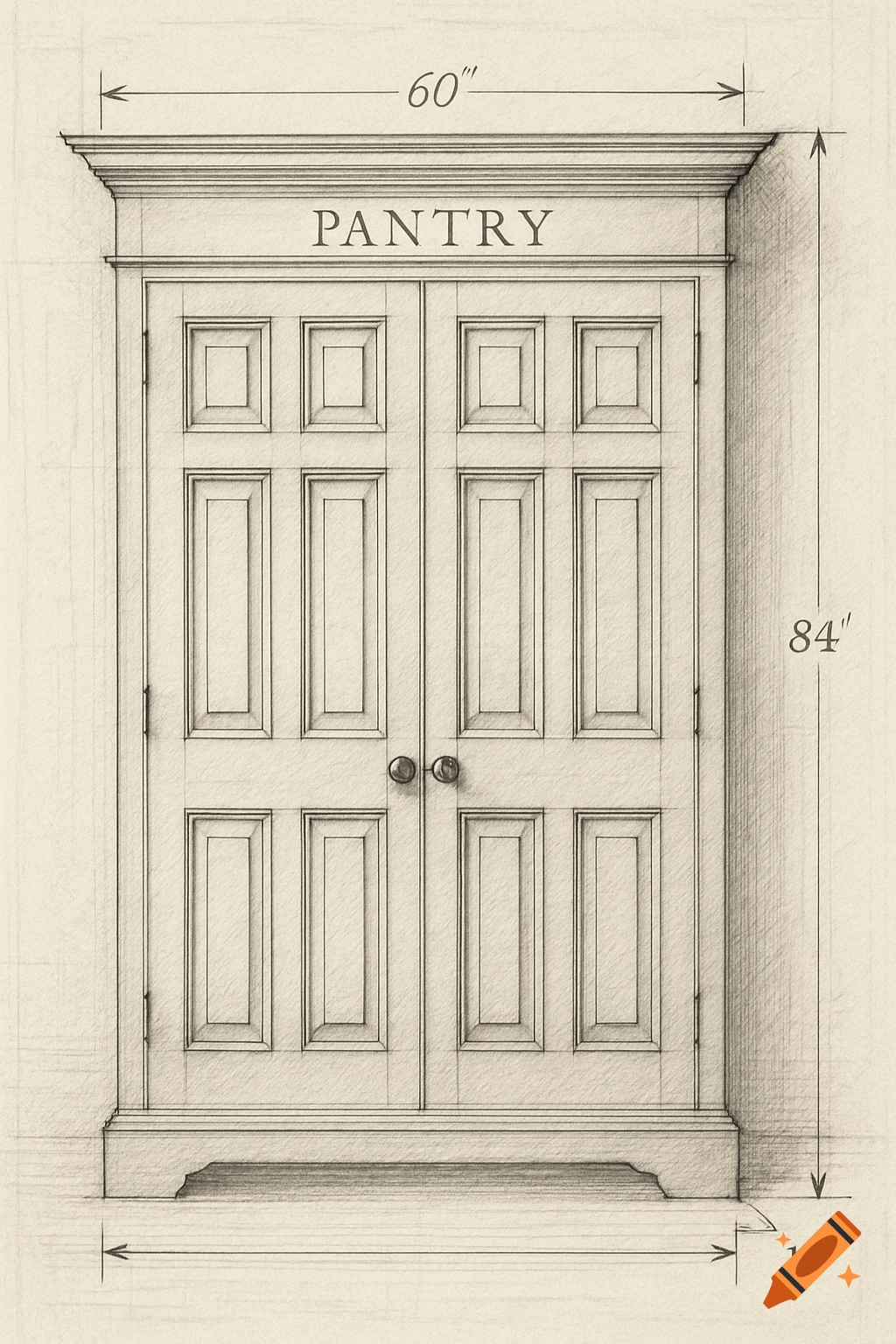 Pencil sketch of a two-door pantry cabinet with paneled doors, showing architectural measurements for width (60"), height (84"), and depth (15").