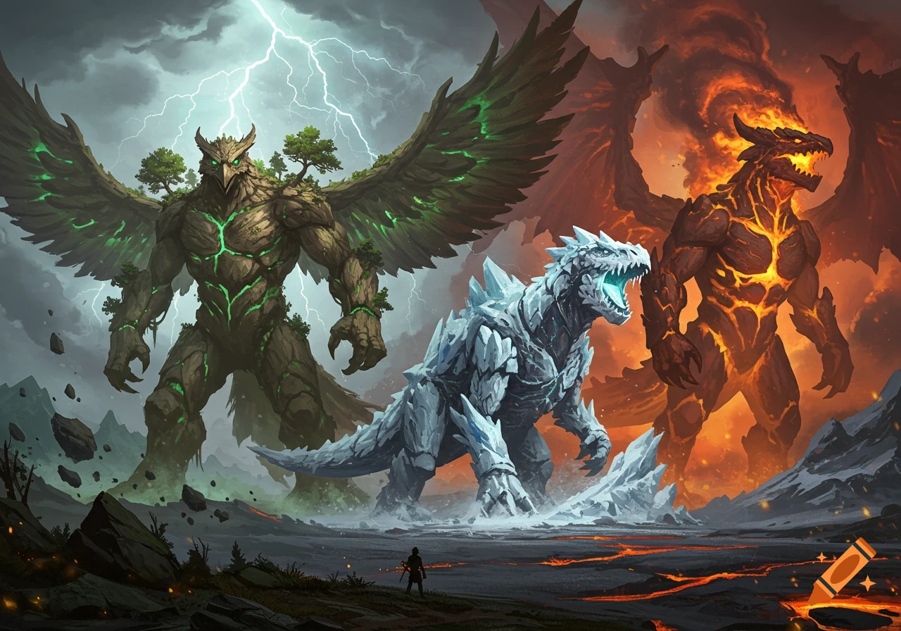 Epic fantasy art of three massive elemental monsters (earth, ice, fire) towering over a small figure in a desolate landscape.