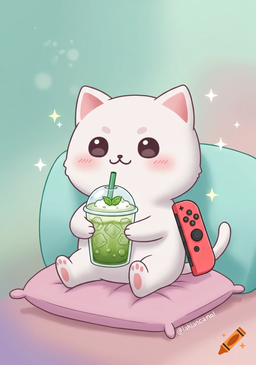 Cute white cartoon cat holding an iced matcha latte and a red Joy-Con, sitting on a pink pillow with a pastel background.