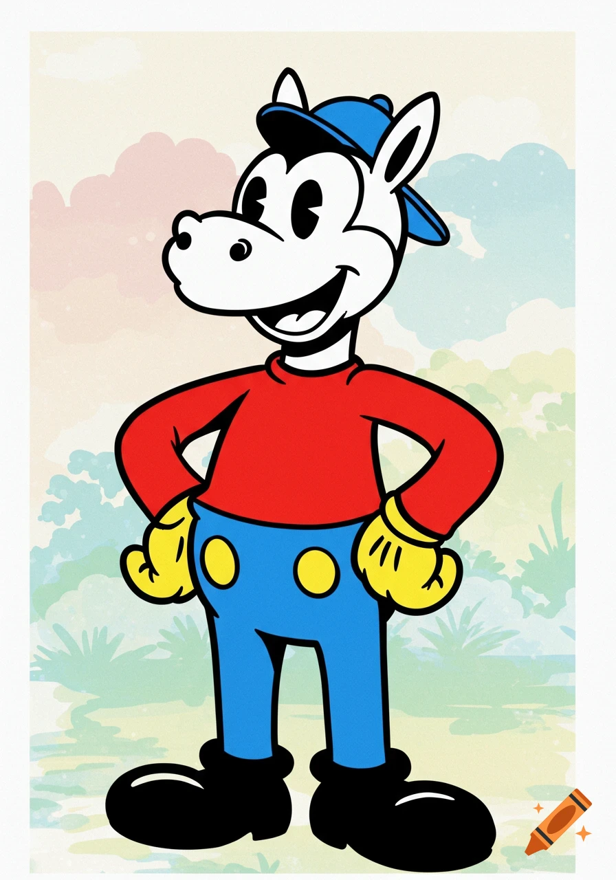 A cheerful, retro rubberhose cartoon horse in a red shirt, blue pants, and blue cap, standing against a pastel background.