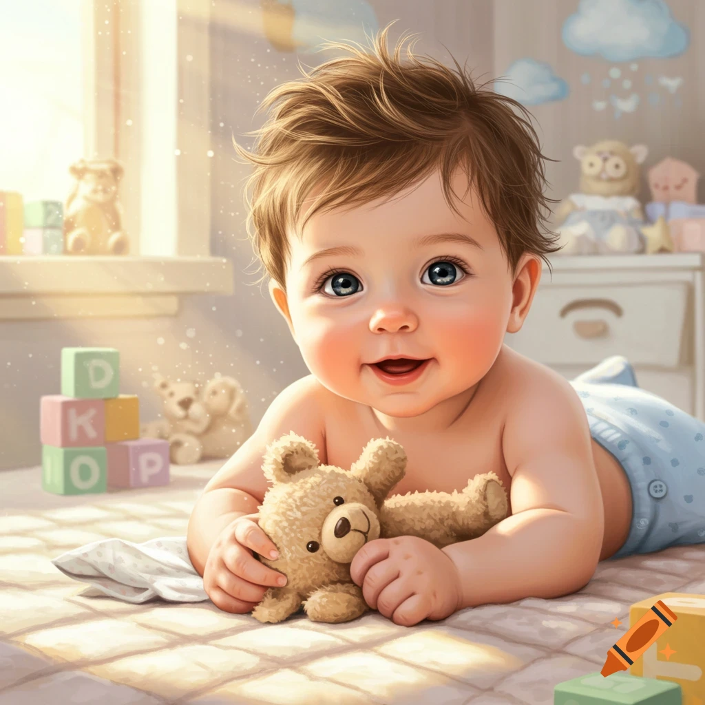 A happy baby boy with brown hair and blue eyes lies on his tummy, holding a teddy bear in a bright nursery with building blocks.