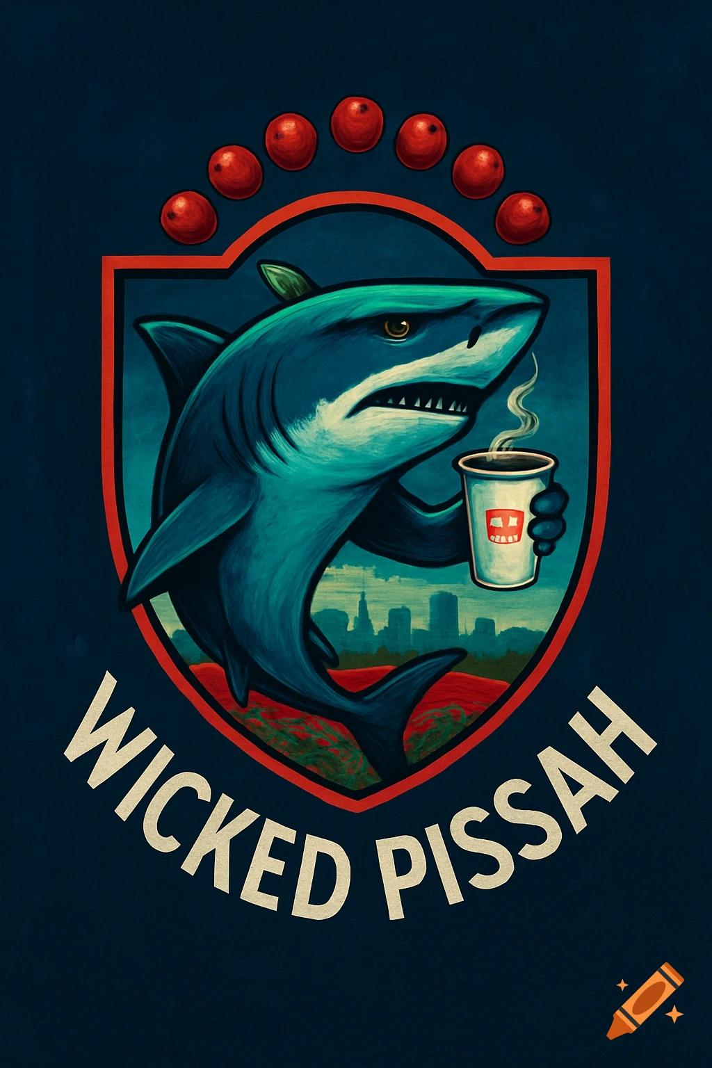 Illustration of a teal shark holding a coffee cup, surrounded by cranberries and a city skyline, with 'WICKED PISSAH' text below.