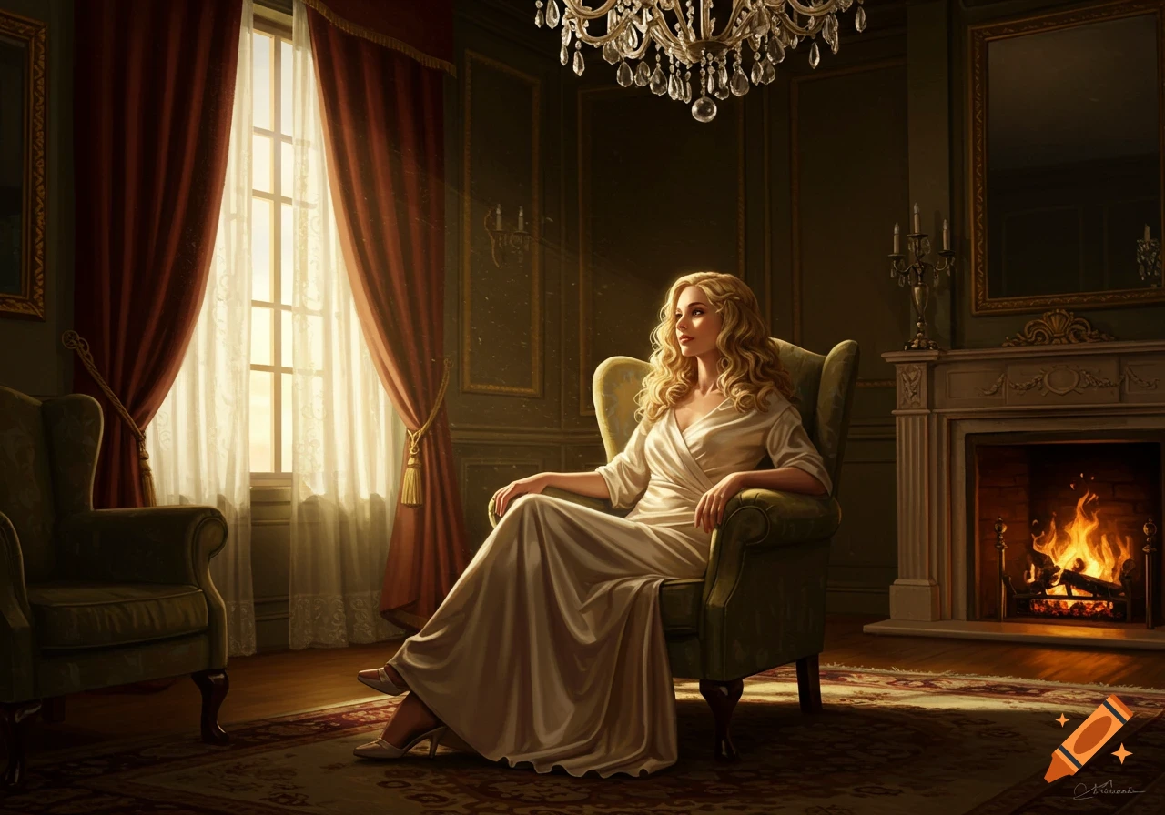A blonde woman in a cream dress sits gracefully in an armchair in an elegant room with a fireplace and large window.