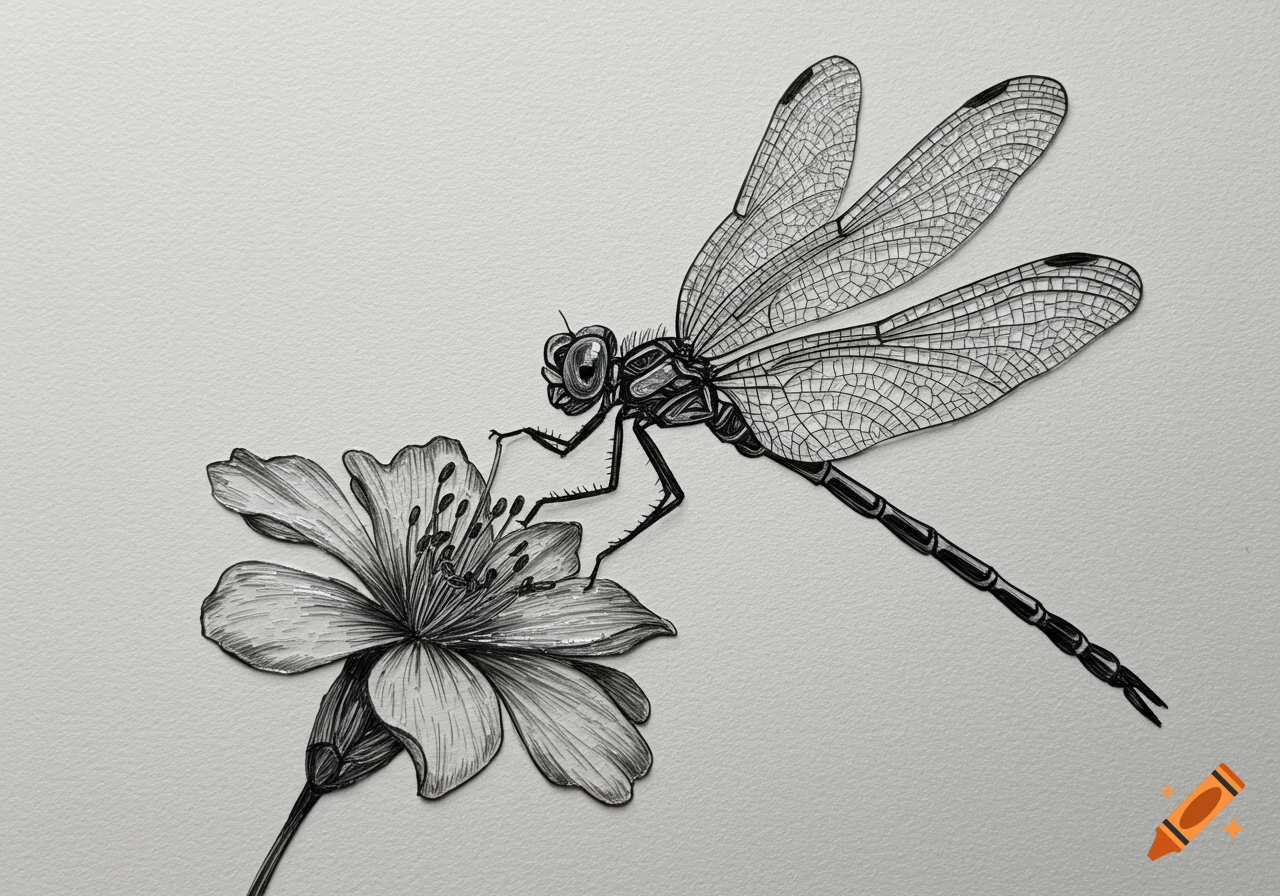 Grayscale quilled illustration of a dragonfly with intricate wings perched on a detailed flower.