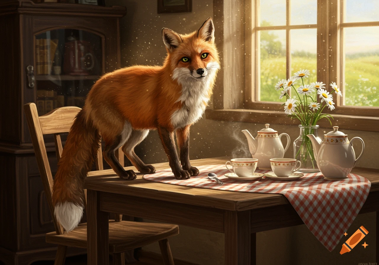 A red fox with green eyes stands on a table set for tea by a sunlit window overlooking a green field, illustrated.