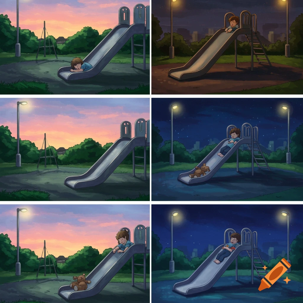 Illustrated storyboard of a boy sleeping on a playground slide in a park at different times of day and night.