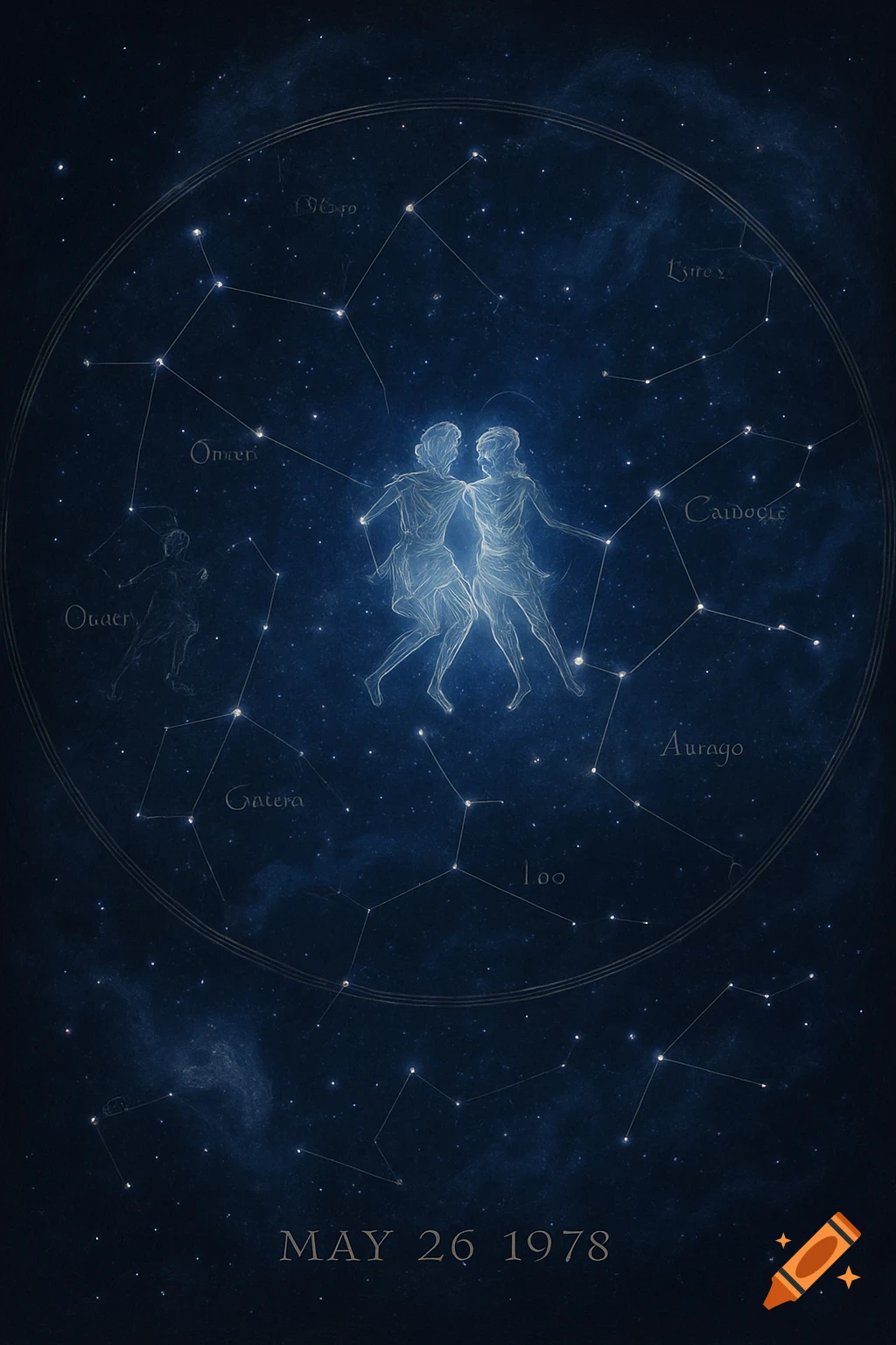 A dark blue constellation map with the glowing Gemini zodiac sign, stars, and lines. Text reads 'MAY 26 1978' at the bottom.