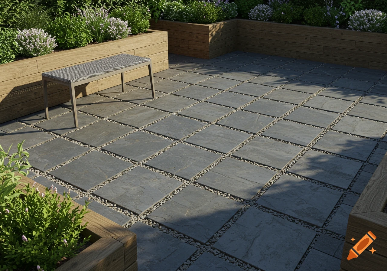 A photorealistic garden patio with grey square slate slabs, gravel infill, wooden raised beds with plants, and a contemporary grey bench.