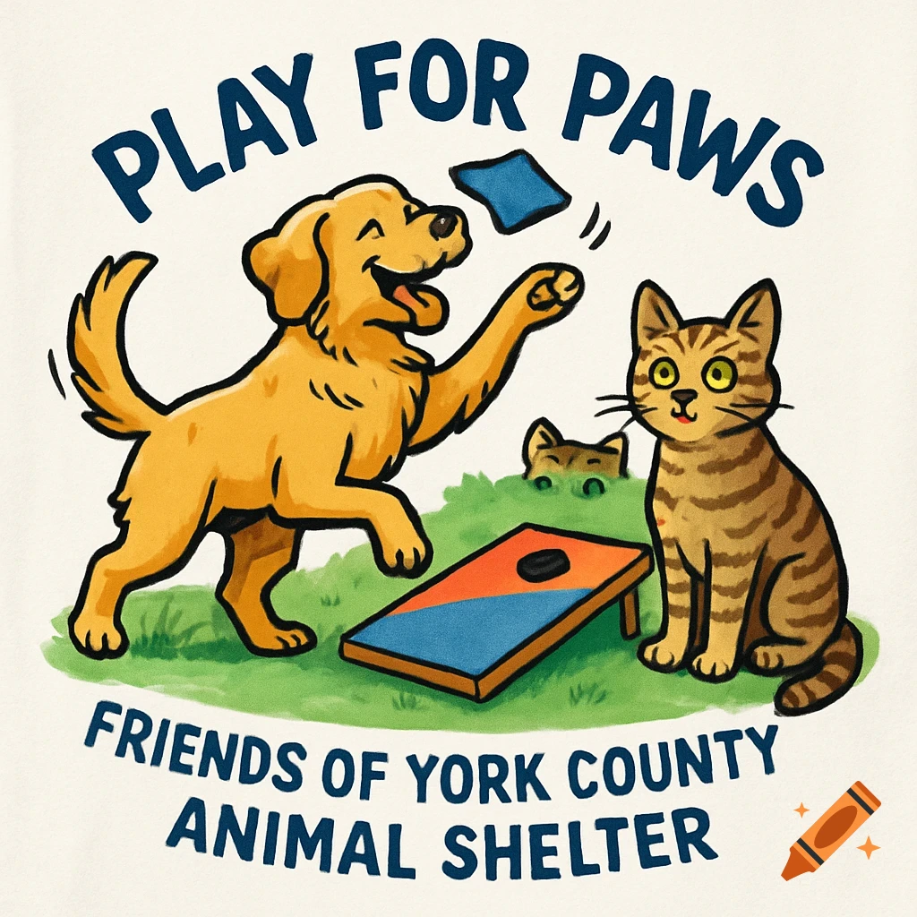 Cartoon illustration of a golden retriever playing cornhole with a cat, promoting 'Play For Paws, Friends of York County Animal Shelter'.