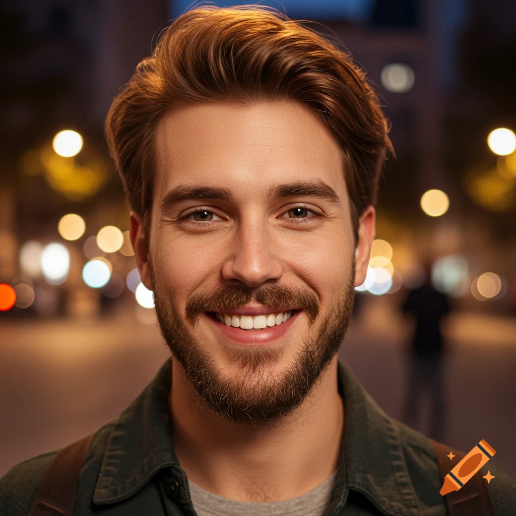 Close-up photorealistic portrait of a smiling man with a beard, outdoors at night with blurred city lights in the background.