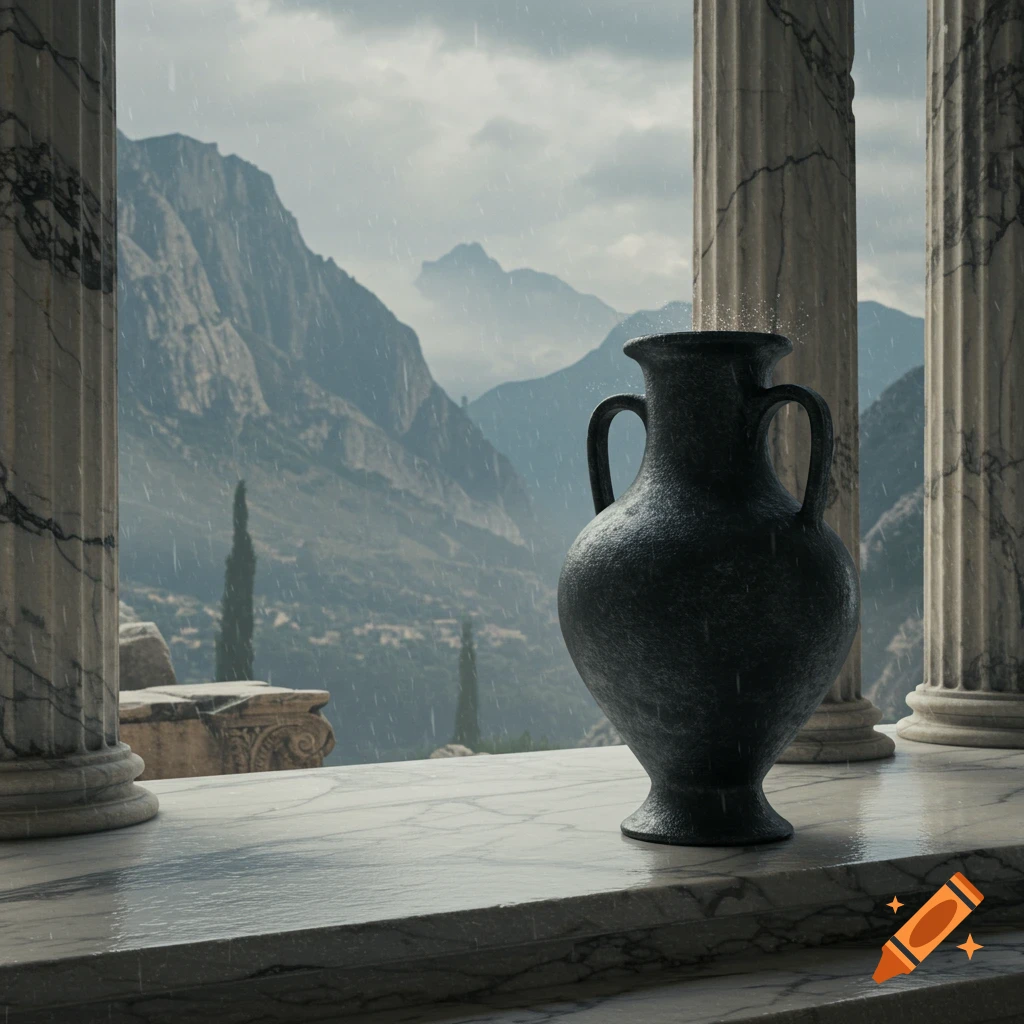 A dark stone vase sits on a marble temple porch with classical pillars, overlooking rainy mountains.