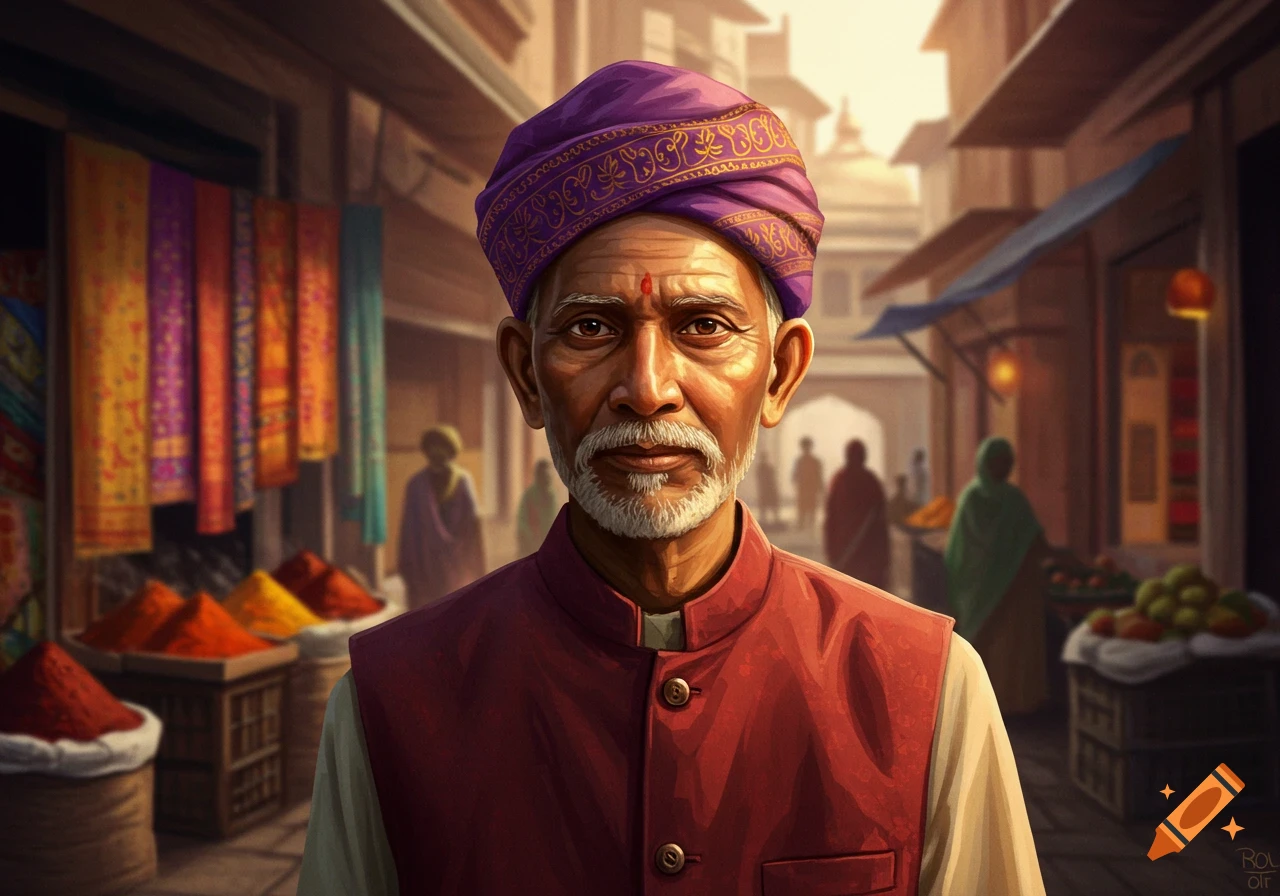 A realistic illustration of an old Indian man with a white beard and purple turban, wearing a maroon vest, standing in a bustling marketplace.
