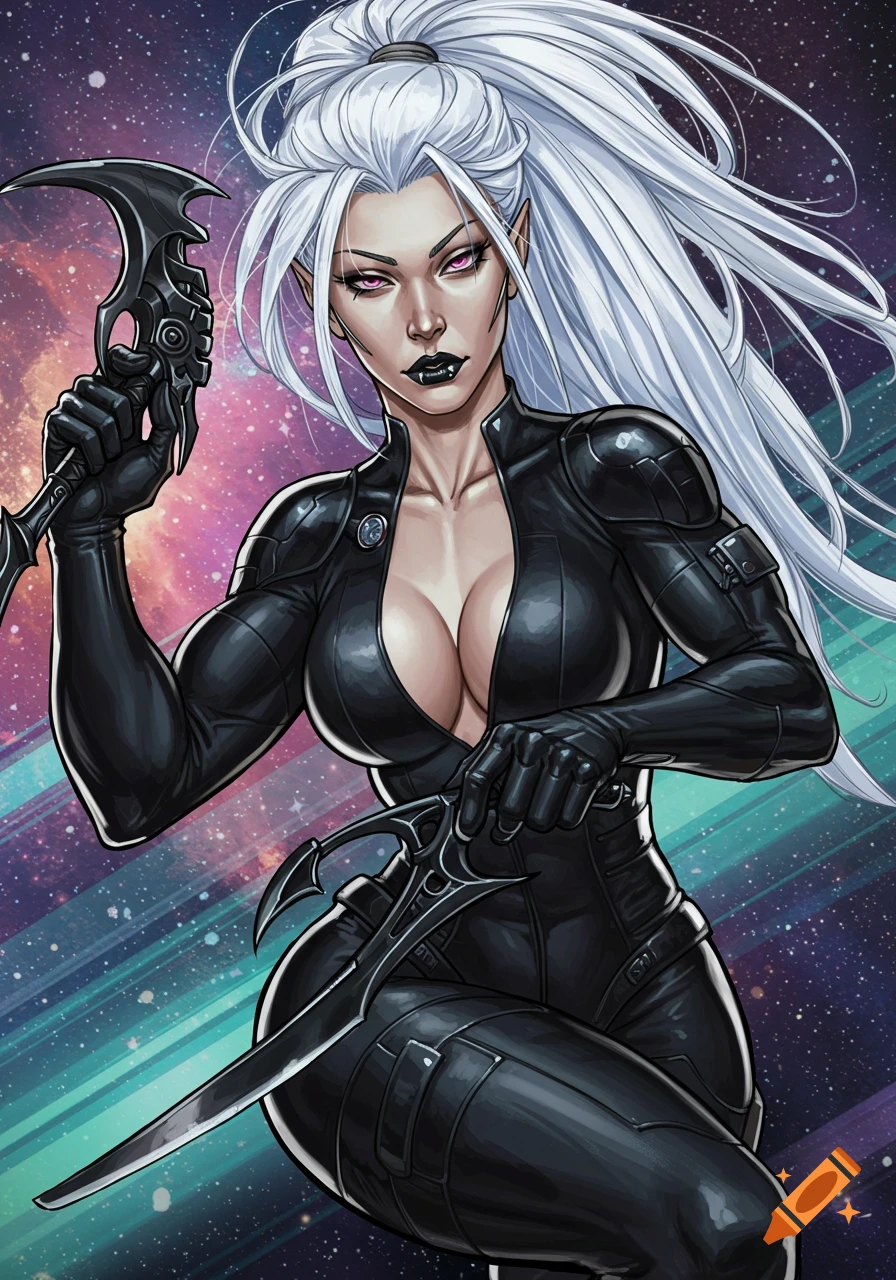 White-haired female space bounty hunter in a black suit with an ornate blade, against a cosmic background, in comic art style.