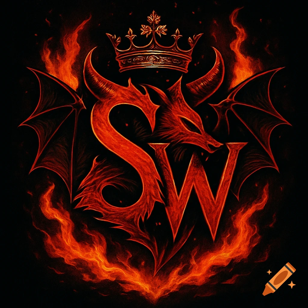A vibrant red and orange fiery logo featuring stylized letters SW, a dragon's head, devil wings, horns, and a crown on a black background.
