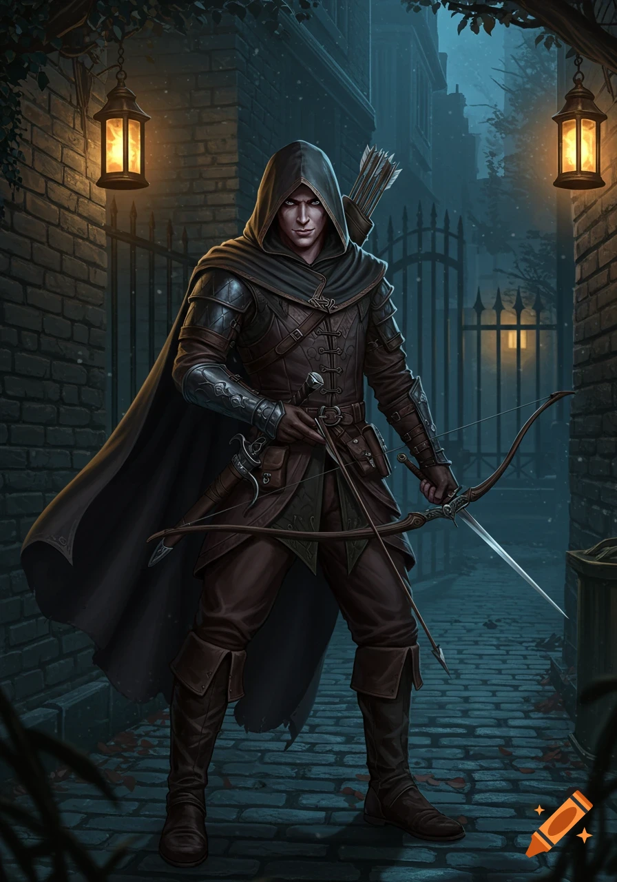 A hooded fantasy rogue stands in a dark alley at night, holding a bow and a sword, with lanterns illuminating the brick walls.