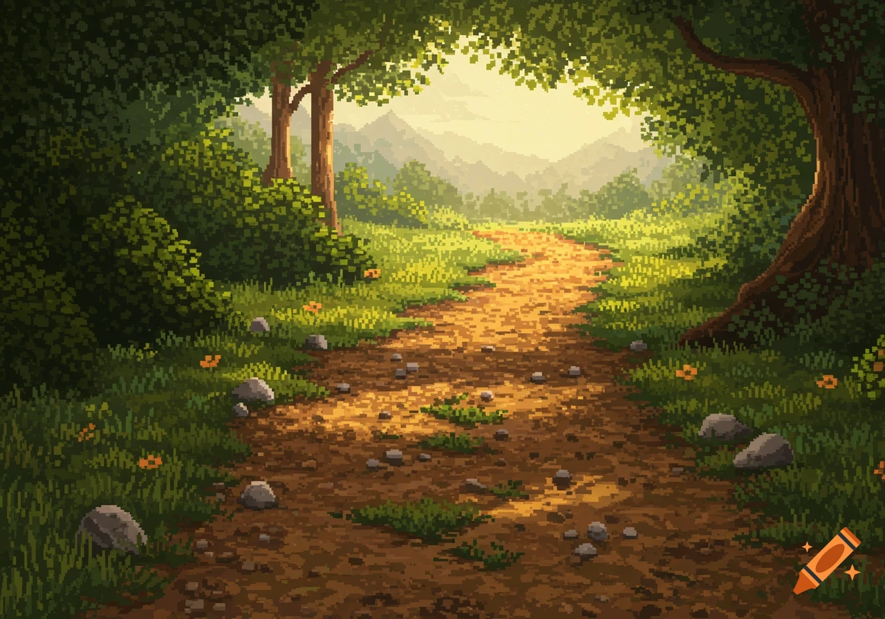 Pixel art of a winding dirt path through a sunlit forest, surrounded by green trees and grass.
