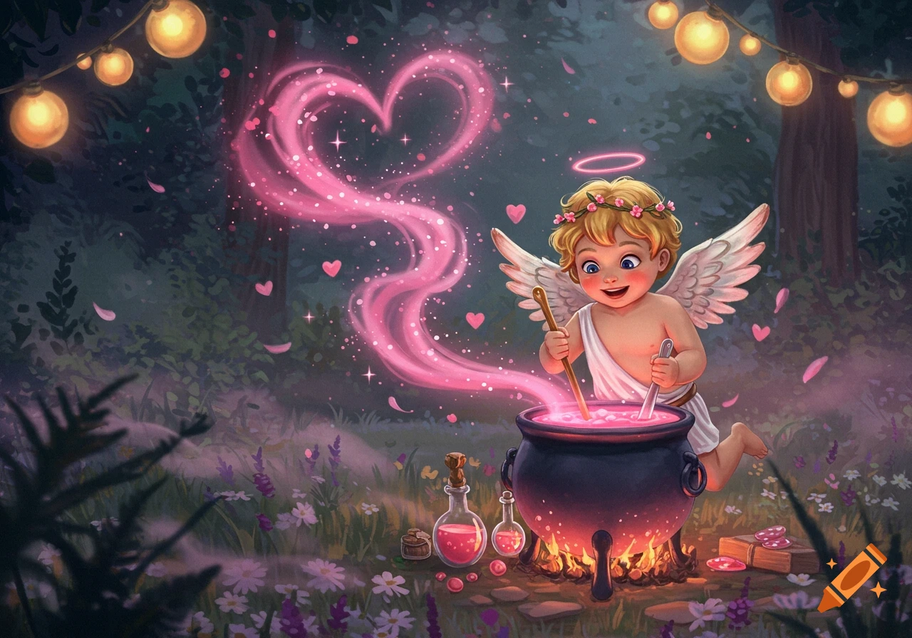 A cute cupid stirring a glowing pink love potion in a cauldron, with magic hearts in a whimsical, lamp-lit forest.