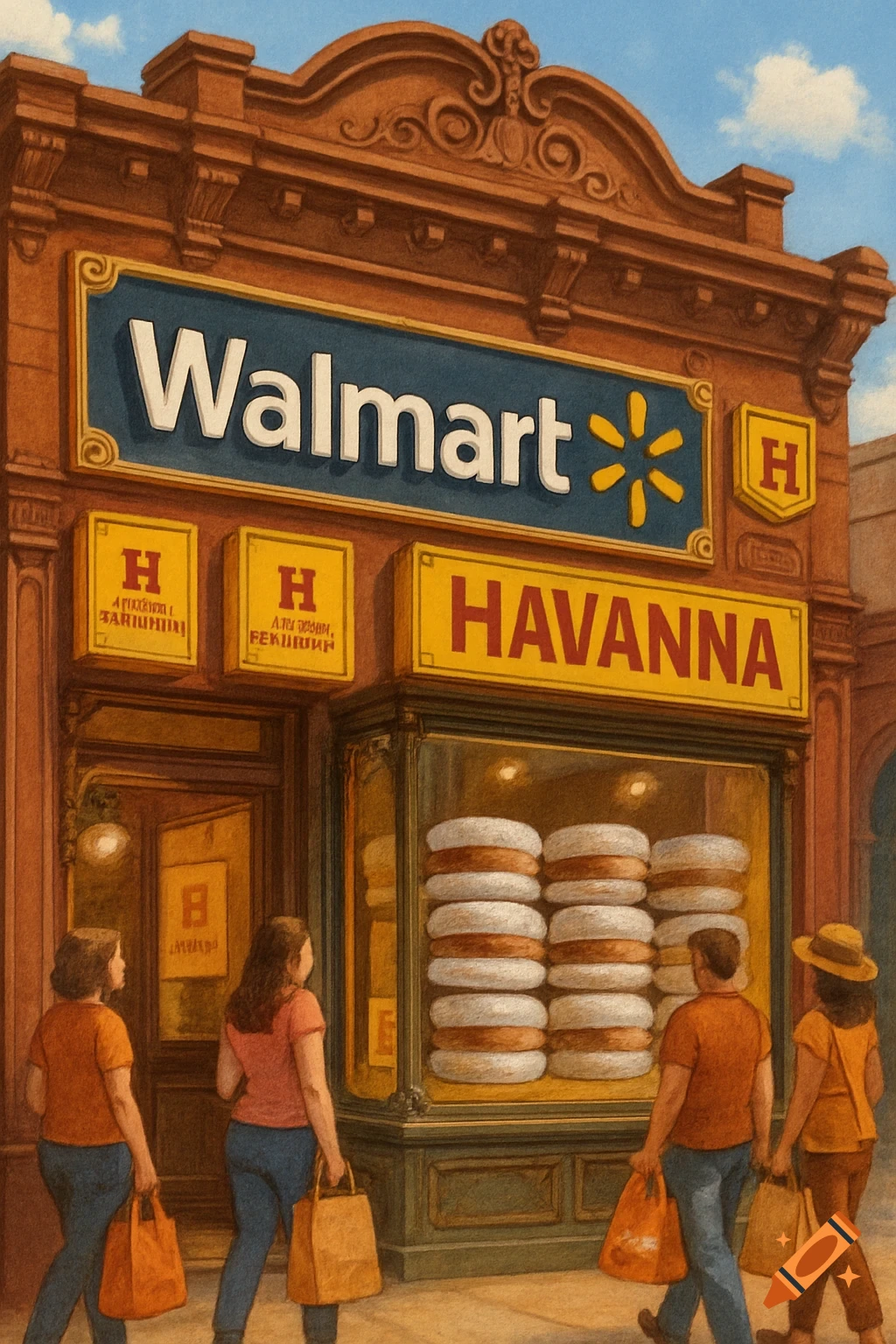 A colorful illustration of a Havanna alfajores store with a large blue "Walmart" sign above it. People walk past the shop window displaying stacks of alfajores.