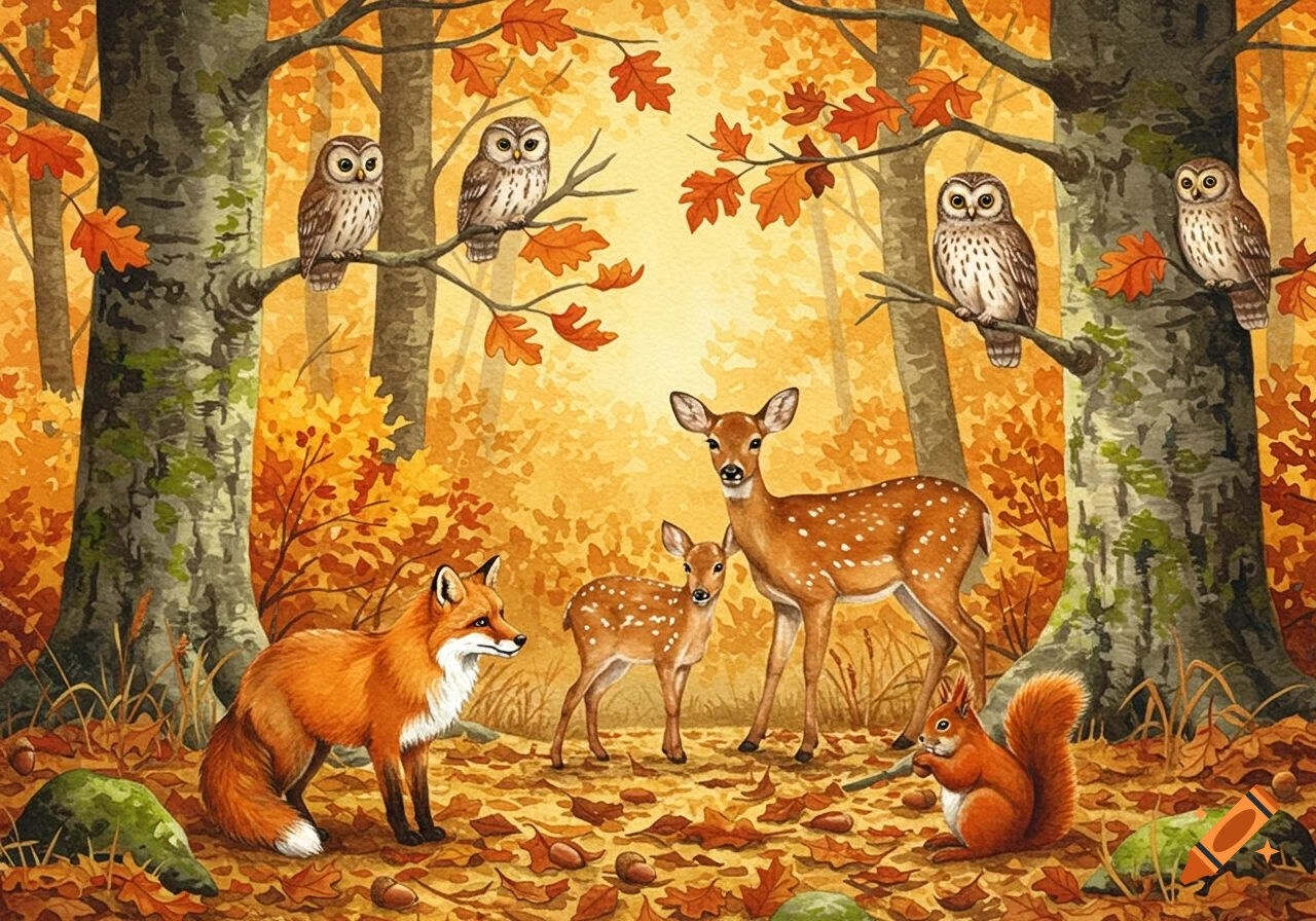 Watercolor illustration of a fox, deer, fawn, squirrel, and owls in a vibrant autumn forest.