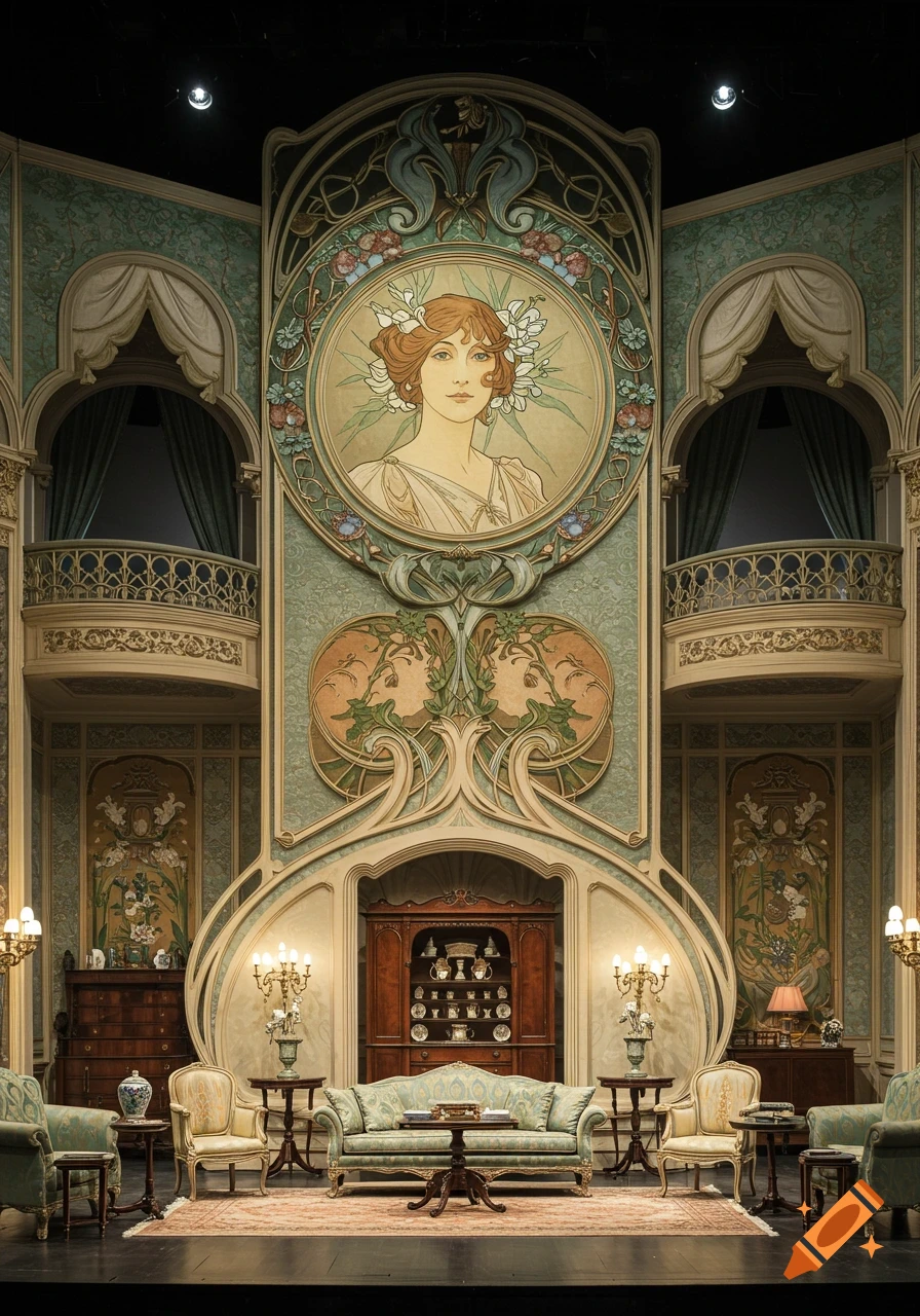 Ornate Edwardian drawing room with Art Nouveau style. Features a large portrait of a woman, intricate green and gold decor, and elegant furniture.