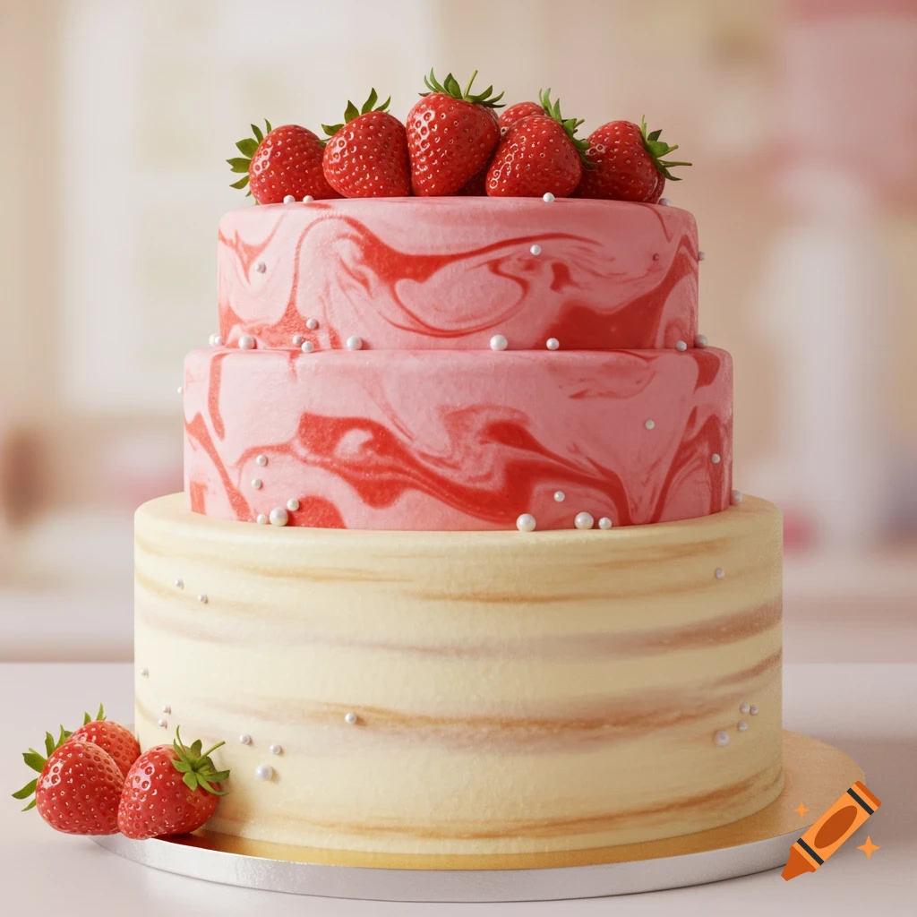 A realistic three-tier cake with pink and red swirled frosting on the top two layers, a vanilla-striped bottom layer, fresh strawberries, and small white pearls.