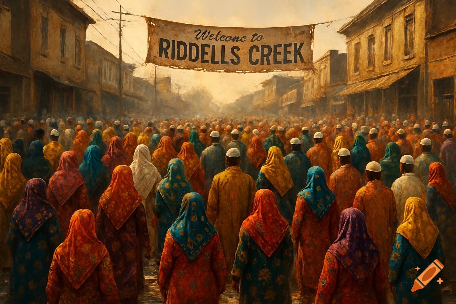 A digital painting of a large crowd in colorful traditional dress in a dusty street under a banner reading 'Welcome to Riddells Creek'.