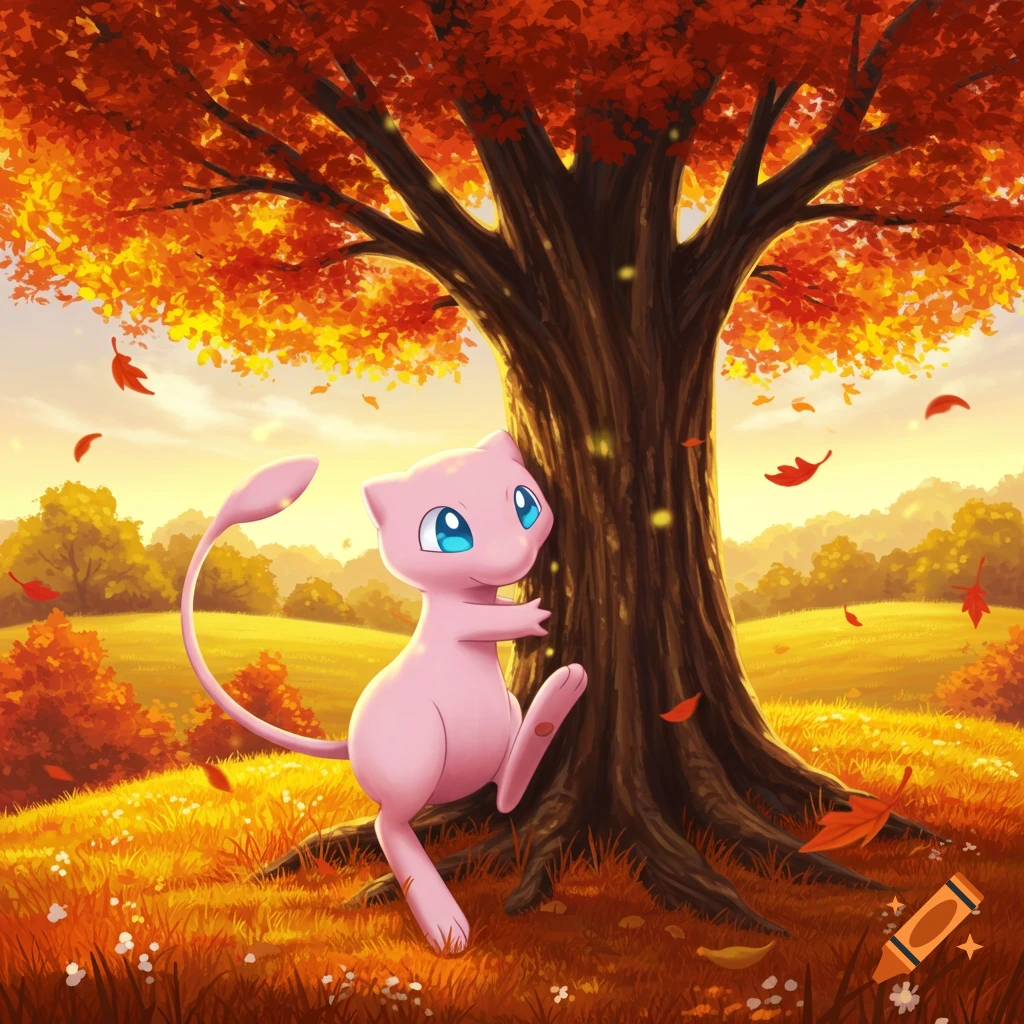 Pink Pokémon Mew with blue eyes playfully stands by a large tree adorned with vibrant orange and red autumn leaves, in digital art.