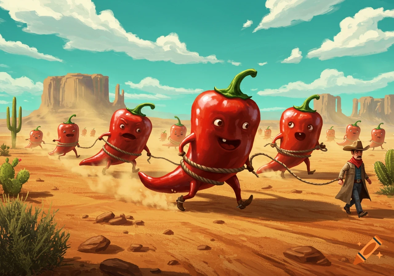 A whimsical cartoon image of a cowboy herding anthropomorphic chili peppers with ropes across a sunny desert landscape with mesas.