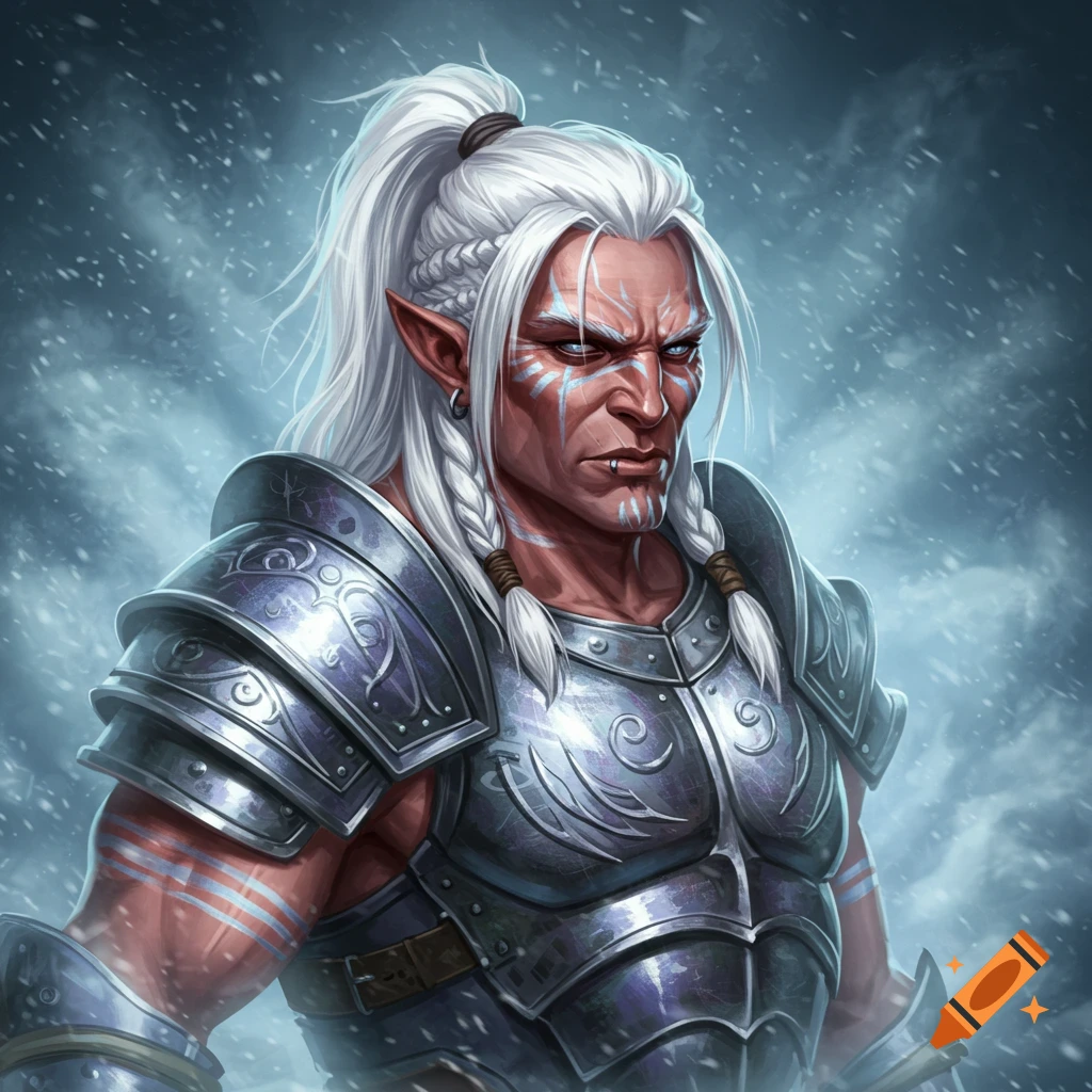 A stern male warrior with white hair, pointed ears, and blue tribal face markings wears detailed silver armor, against a snowy background.