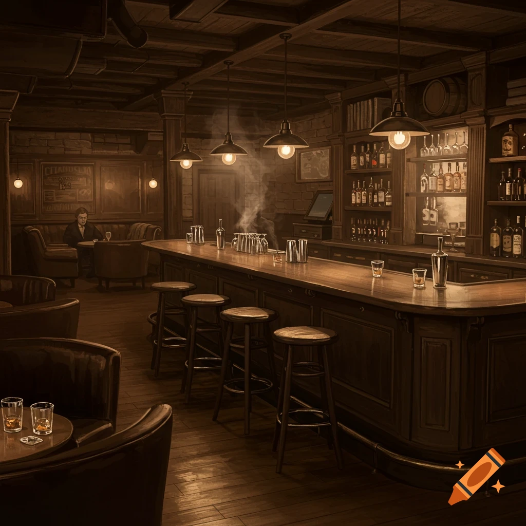 Dimly lit vintage-style bar interior with a long wooden counter, bar stools, bottles on shelves, and a man seated at a table.