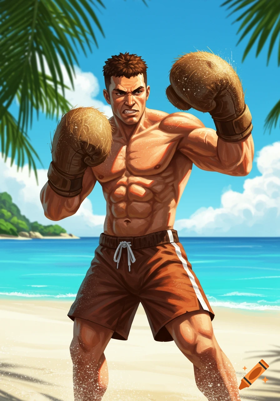 A muscular man with coconut boxing gloves poses on a tropical beach in a stylized illustration.